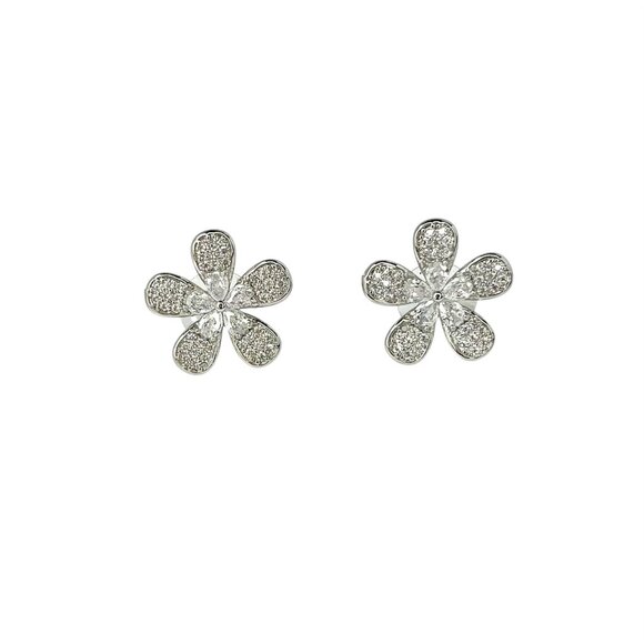 Sparkling Flower-Shaped Silver-Tone Stud Earrings Elegant Crystal Petal Design - Picture 1 of 6